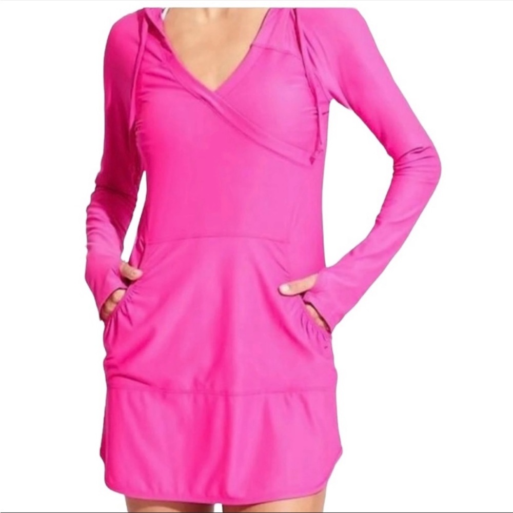 Athleta Medium Hoodie Long Tunic Dress Thumbholes Wick it Wader Sun Protection